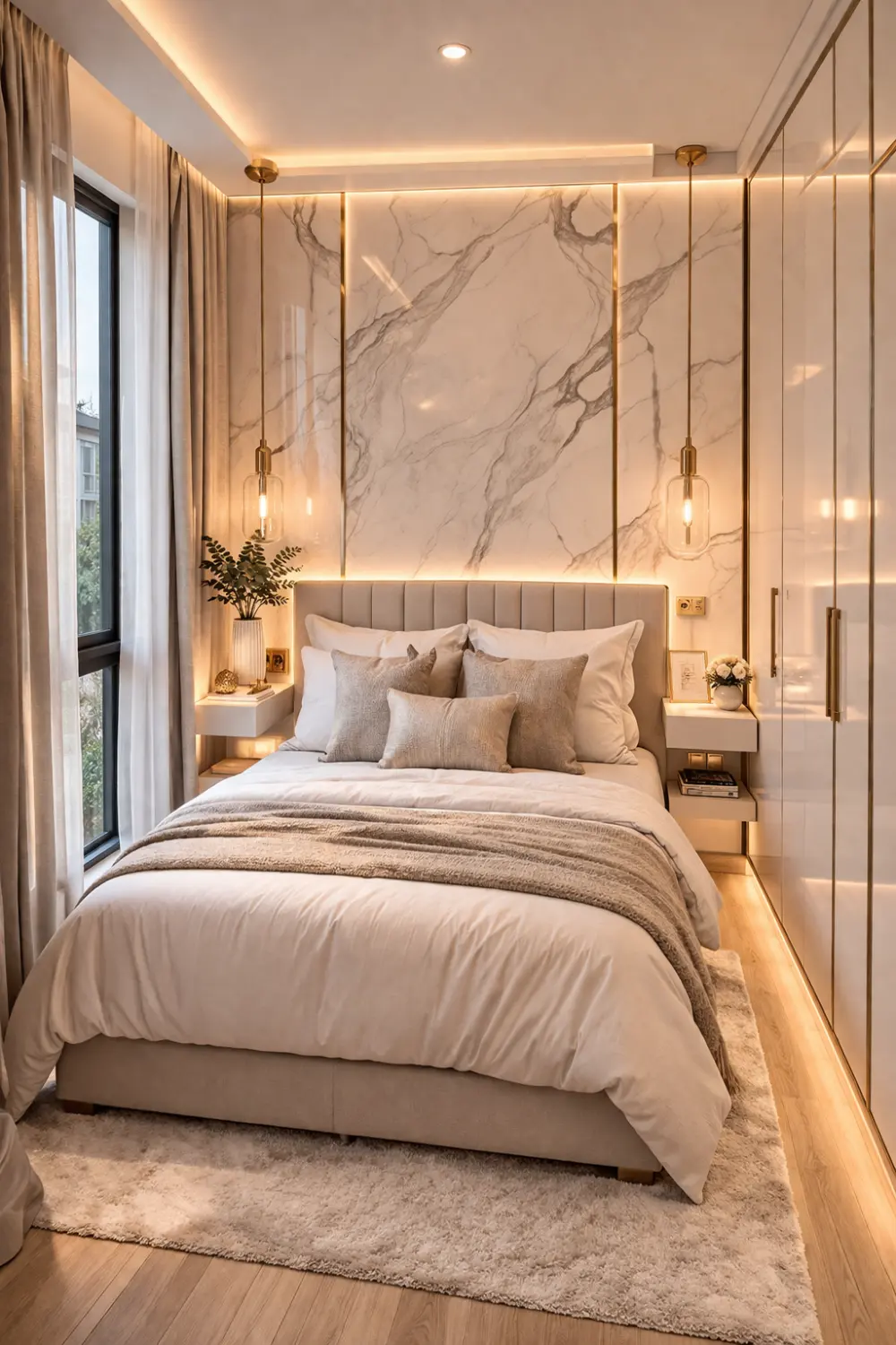 tiny bedroom with marble accent wall and pendant lighting modern luxury small bedroom design