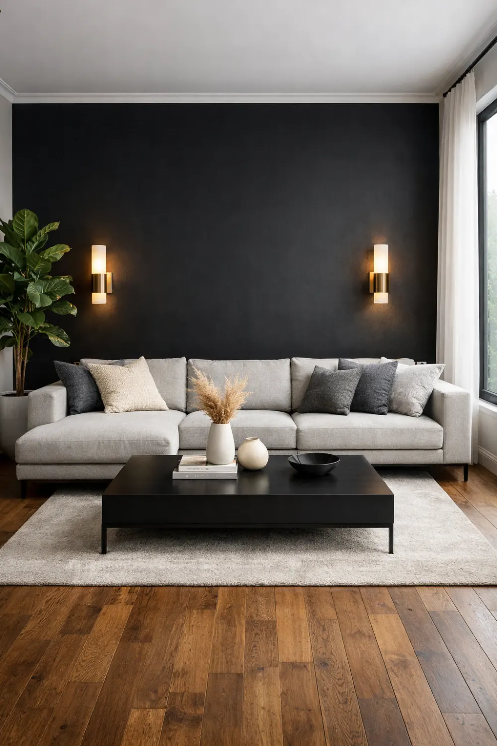 matte black accent wall living room with grey sofa modern dark living room decor warm wall sconces cozy luxury interior design