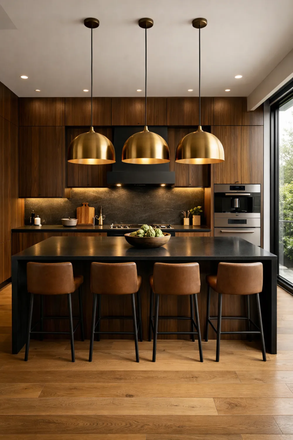 Luxury dark wood kitchen with walnut cabinets, black island countertop, gold pendant lights, and modern bar stools interior design inspiration.
