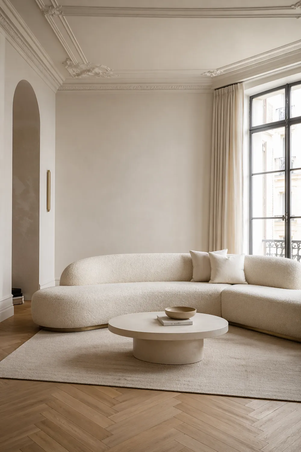 Minimalist French country living room with curved boucle sofa, neutral tones, plaster walls, round coffee table and soft natural light