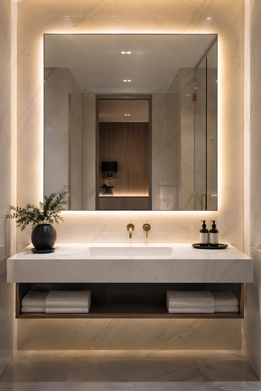 Luxury bathroom with backlit mirror creating soft halo glow on marble wall for a modern spa like atmosphere
