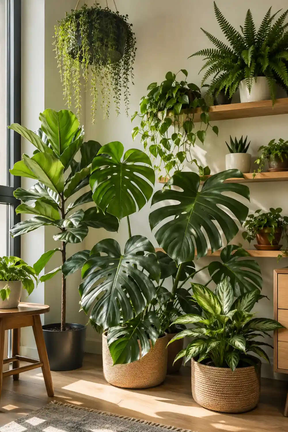 indoor plant corner with monstera fiddle leaf fig hanging plants wooden shelves natural sunlight modern aesthetic greenery decor small space jungle vibe