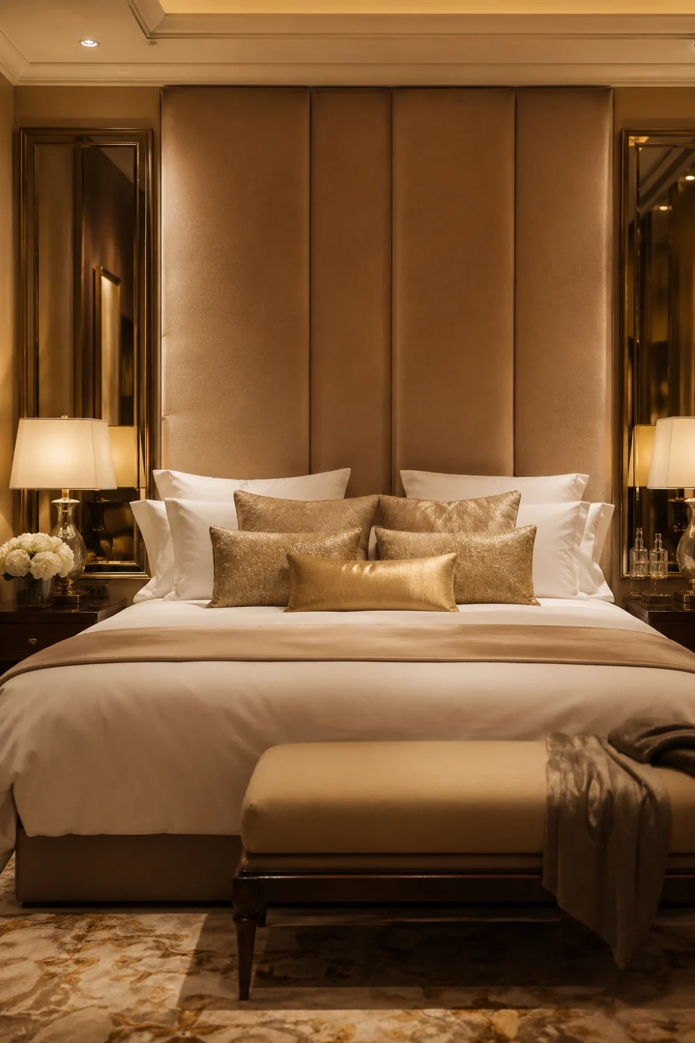 luxury hotel bedroom aesthetic with gold tones, plush bedding, upholstered headboard, warm ambient lighting, elegant modern bedroom decor, premium hotel style bedroom inspiration