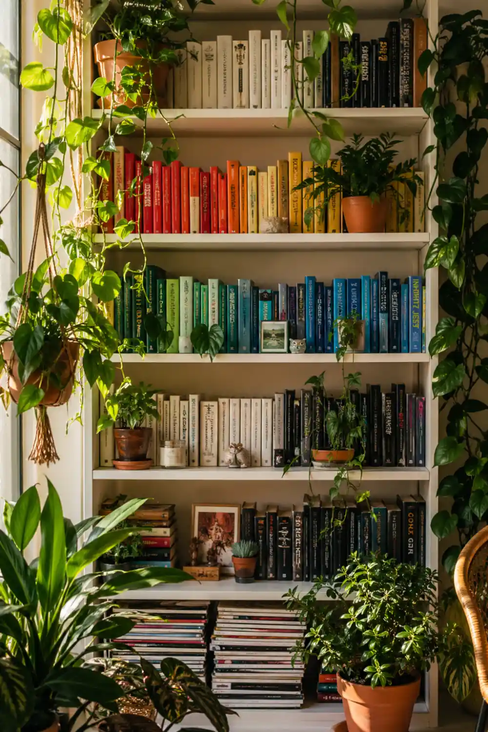 bookshelf filled with lush green indoor plants and books, trailing vines hanging from shelves, cozy natural lighting, terracotta pots, jungle style bookshelf decor, aesthetic greenery shelf styling for modern cozy home