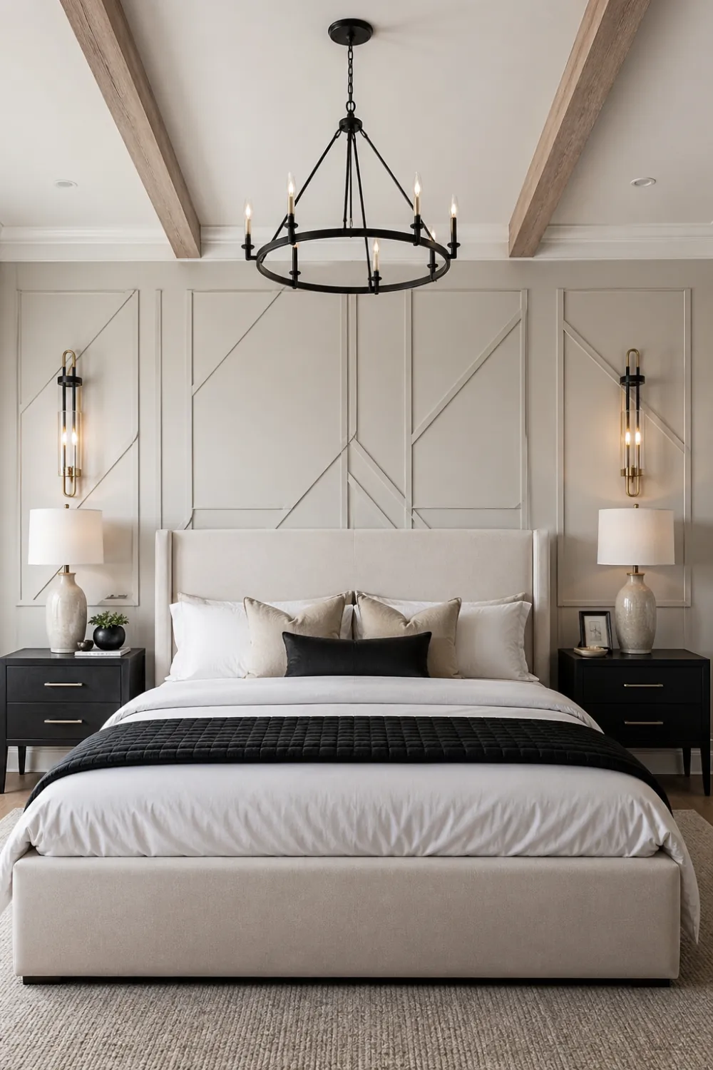 modern farmhouse bedroom with geometric wall panel molding, beige upholstered bed, black nightstands, wall sconces lighting, chandelier ceiling light, symmetrical decor layout, neutral tones, luxury interior styling