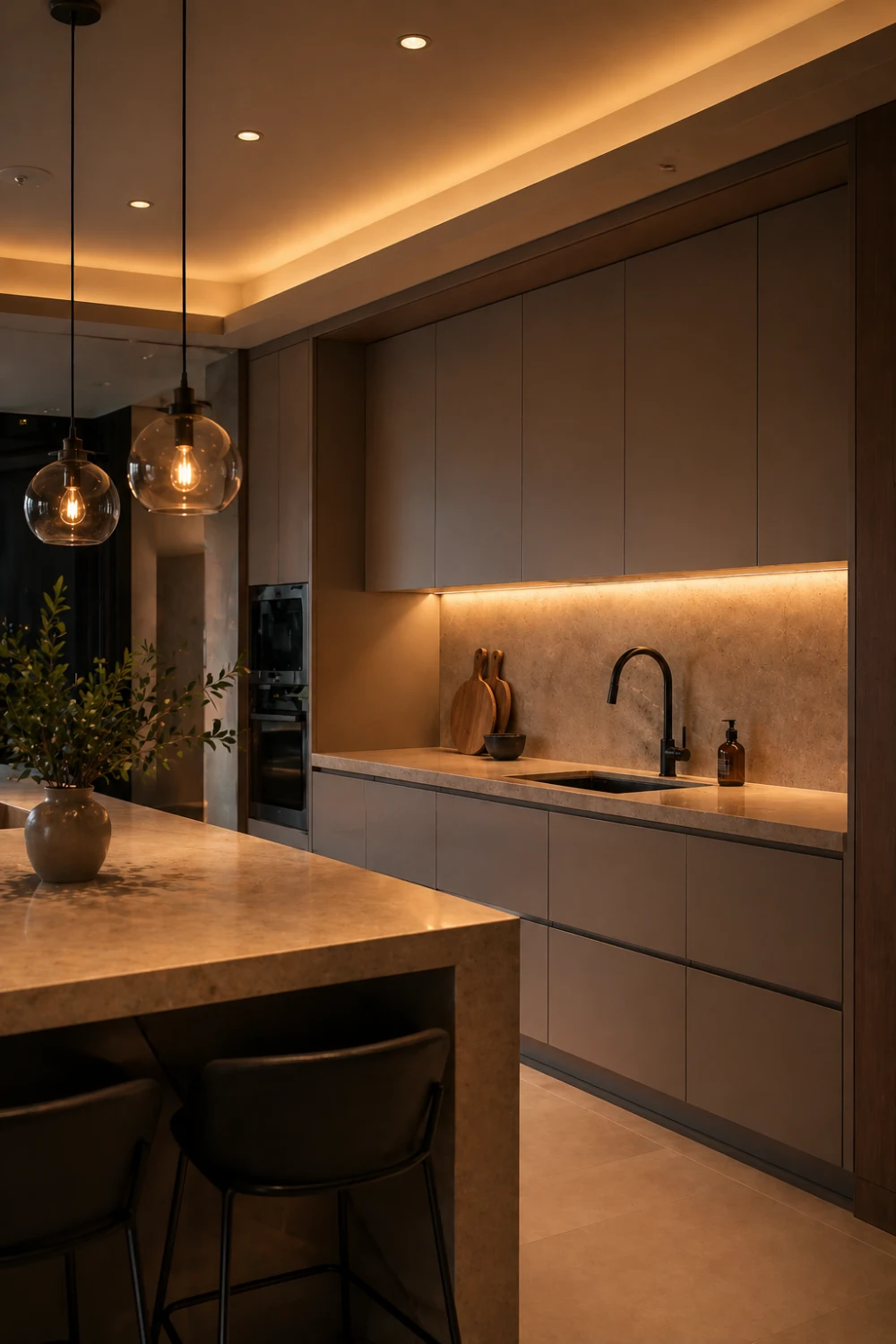 modern kitchen island with three glass pendant lights, warm Edison bulbs glowing above marble countertop, soft ambient ceiling lighting, wooden cabinetry, stylish bar stools, luxury kitchen lighting design with cozy atmosphere