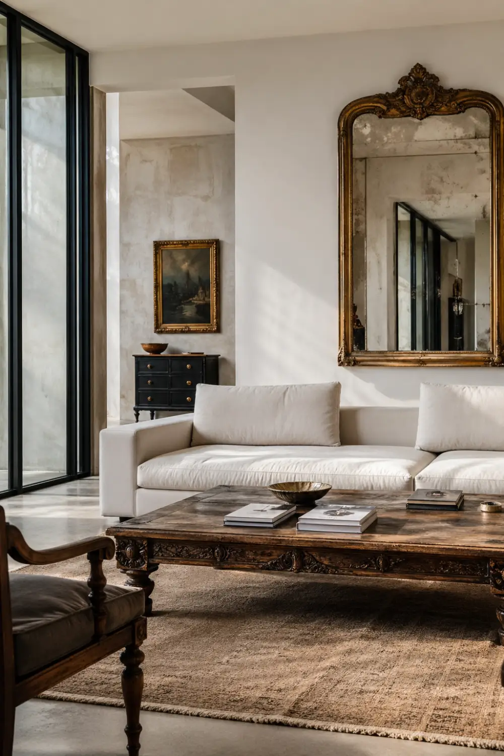 modern living room with vintage wooden coffee table, antique gold mirror, neutral sofa, classic artwork, mixed old and new interior design, elegant eclectic style