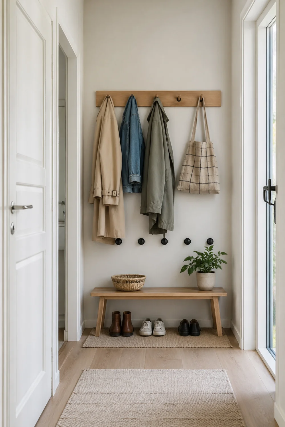small entryway wall hooks with wooden rail, bench seating with shoe storage, coats hanging organized, neutral hallway decor, minimalist narrow entrance design with natural textures and soft lighting