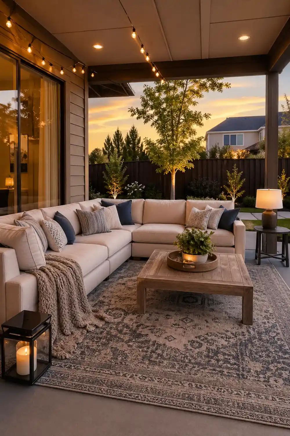 cozy outdoor living room patio with large sectional sofa, soft cushions, patterned outdoor rug, wooden coffee table, string lights overhead, warm evening lighting, decorative pillows, comfortable seating arrangement, covered patio setting with garden view