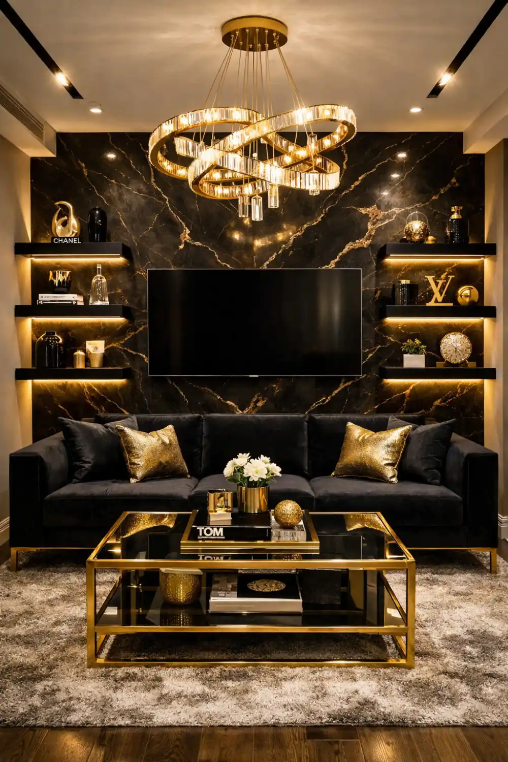 Black and gold small living room with marble accent wall, luxury chandelier, velvet sofa, and modern glass coffee table creating a dramatic designer living room interior.