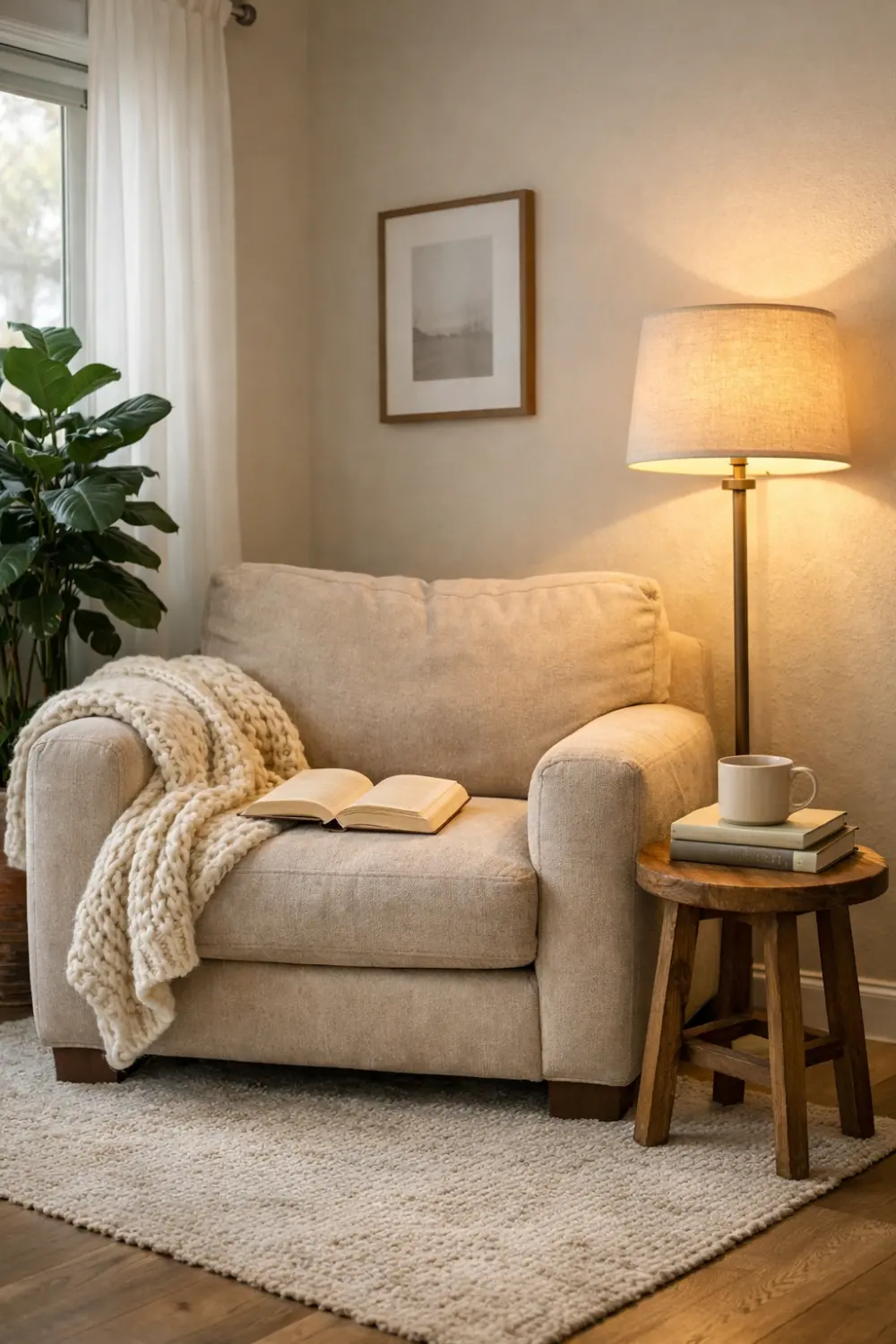 cozy armchair reading nook with floor lamp small side table throw blanket cozy reading corner living room idea
