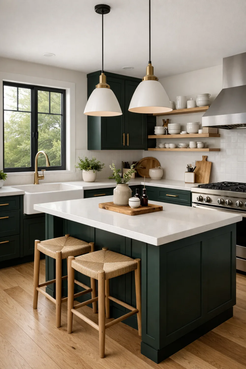 Modern cottage kitchen with deep green cabinets, open wooden shelves, marble countertops, and natural light creating a cozy dark cottage kitchen design.