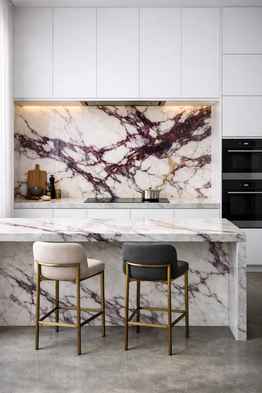 Viola marble slab backsplash kitchen with white cabinets, modern appliances, and luxury interior design details