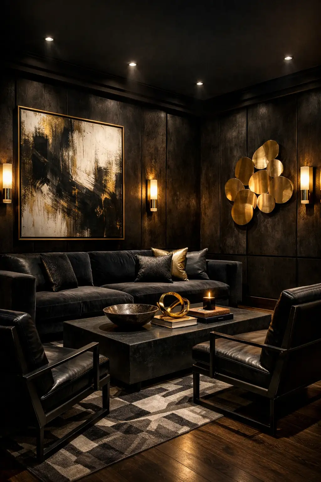dark modern living room with black sofa gold decor luxury interior design ideas