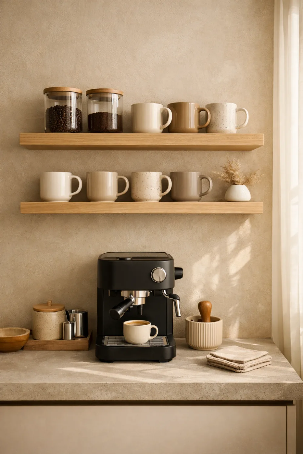 minimalist coffee bar setup with floating shelves neutral mugs and espresso machine modern kitchen coffee station