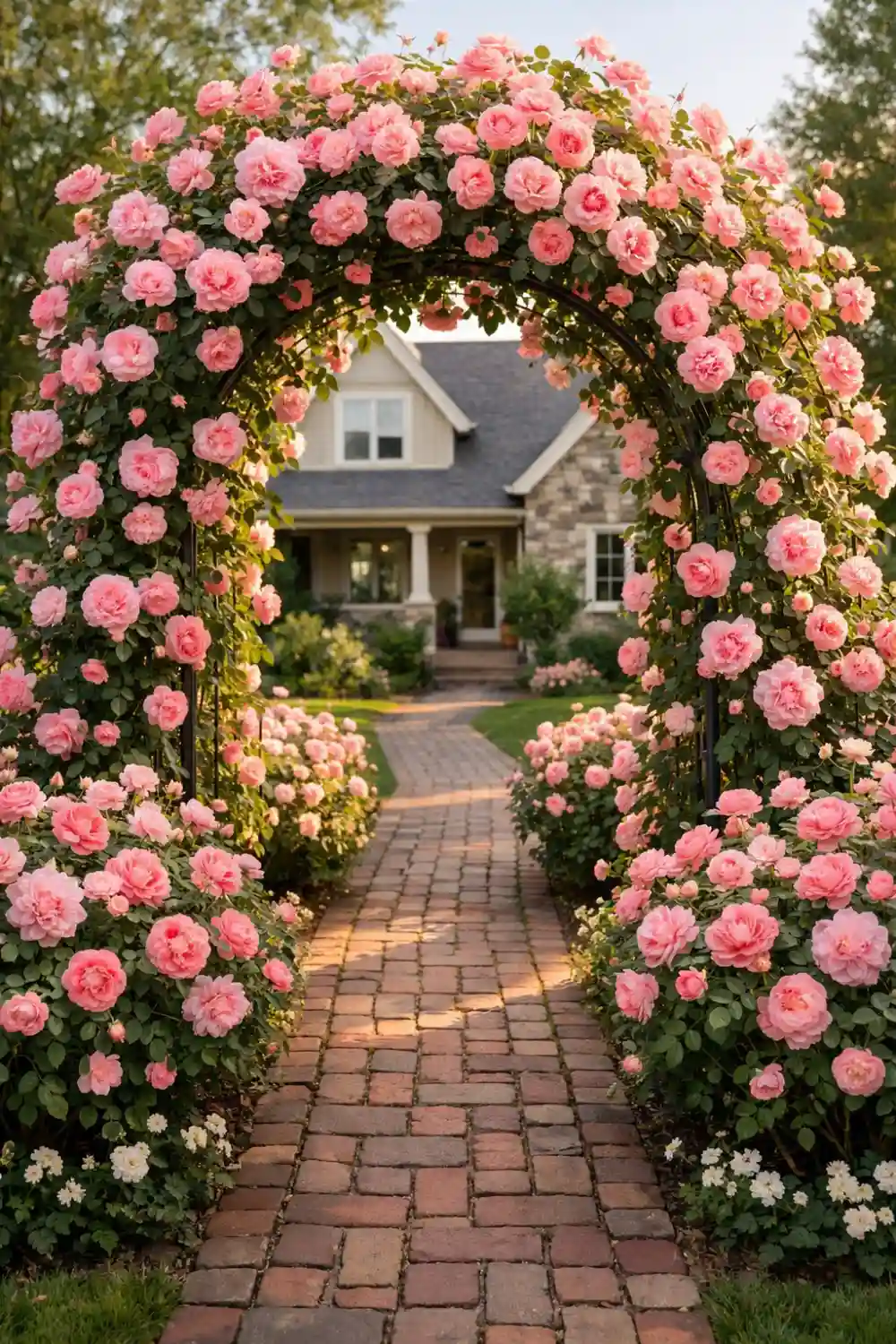 Backyard garden entrance with a metal arch covered in pink climbing roses and a brick pathway leading toward a beautiful suburban home.