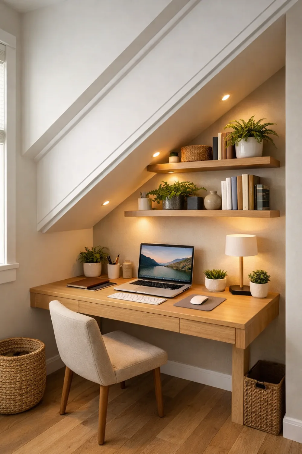 under stairs home office nook with wooden desk and floating shelves small space workspace idea modern compact office setup