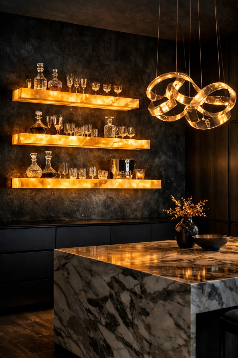 Luxury kitchen with glowing backlit onyx floating shelves mounted on a dark wall, displaying crystal glassware and elegant decor pieces with dramatic ambient lighting and modern interior design.