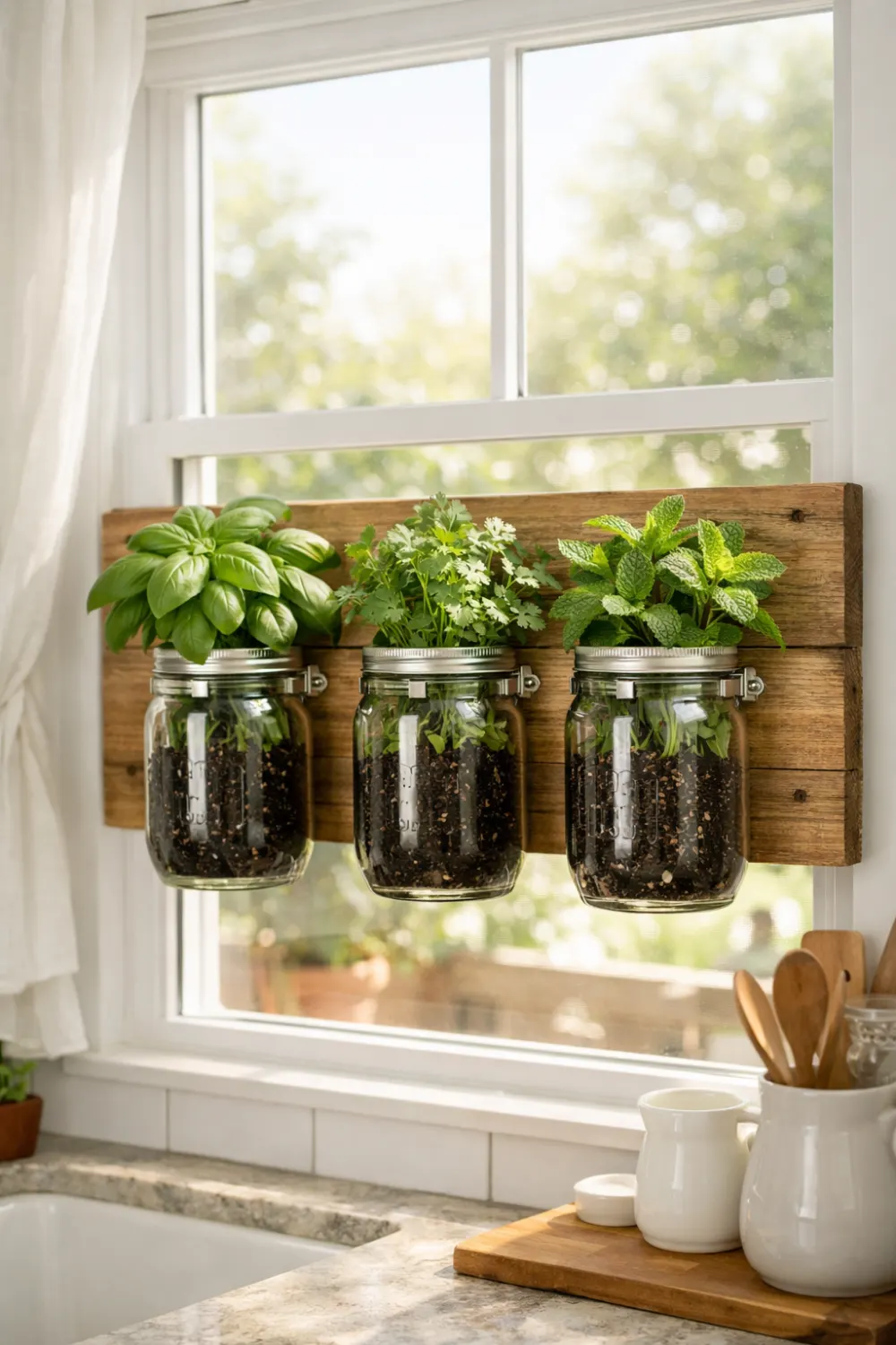 Mason jar herb garden mounted on wooden board near bright kitchen window with basil cilantro and mint growing in glass jars, charming indoor herb garden idea for kitchens