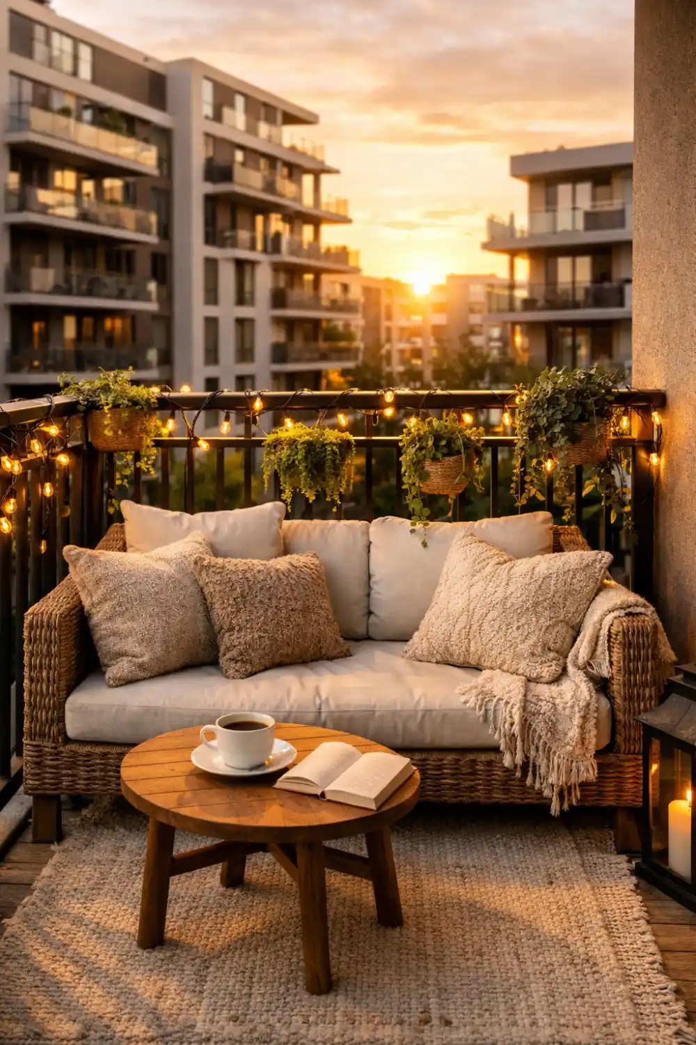 cozy sunset balcony decor idea with rattan sofa warm string lights small apartment balcony lounge cozy outdoor balcony inspiration