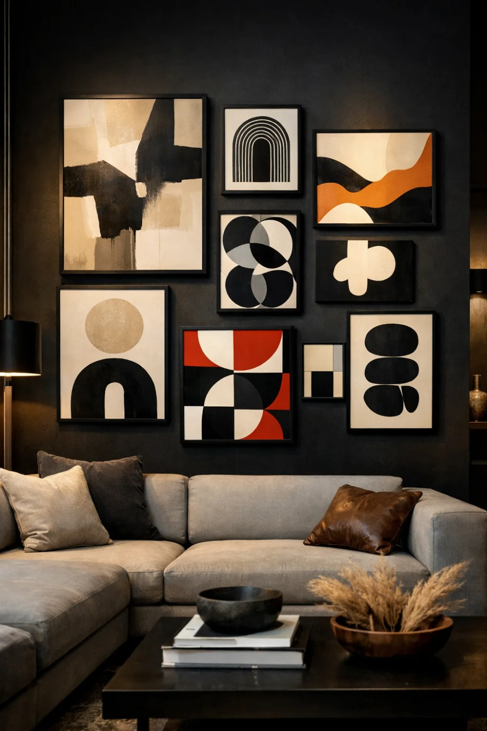Bold modern gallery wall on a dark accent wall with large abstract art prints in black frames creating a dramatic living room wall decor design