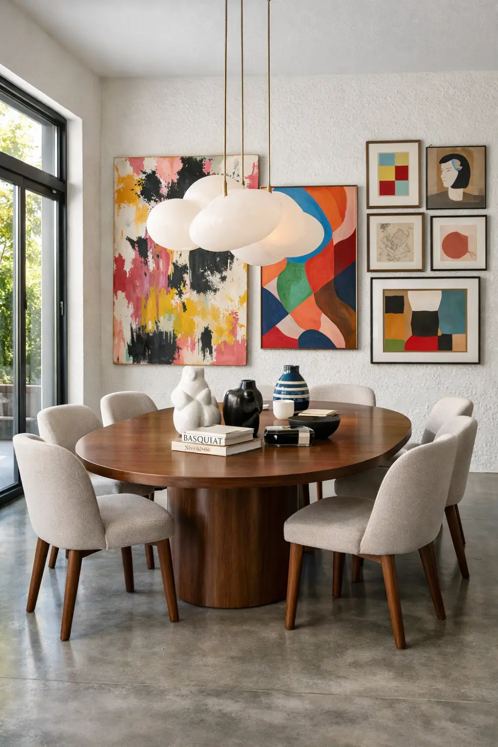 modern art gallery dining room with round wooden table abstract wall art colorful paintings and sculptural pendant lights