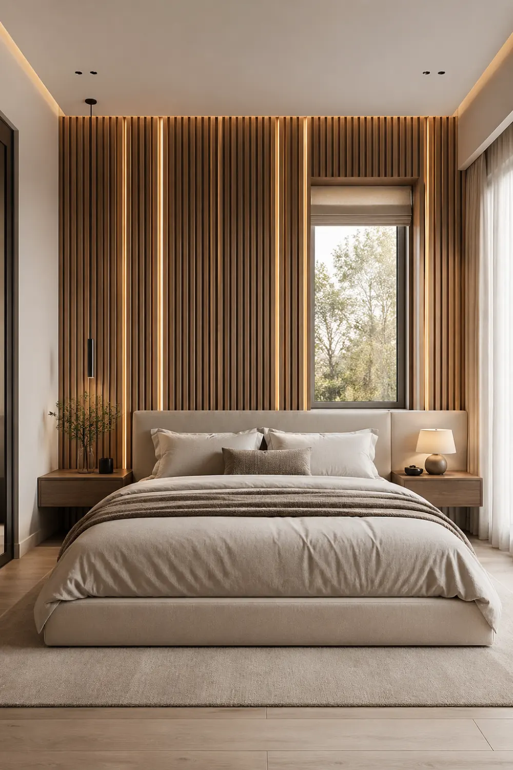 Modern fluted wood accent wall bedroom with vertical slats, hidden LED lighting, integrated window, neutral bedding, and warm ambient lighting
