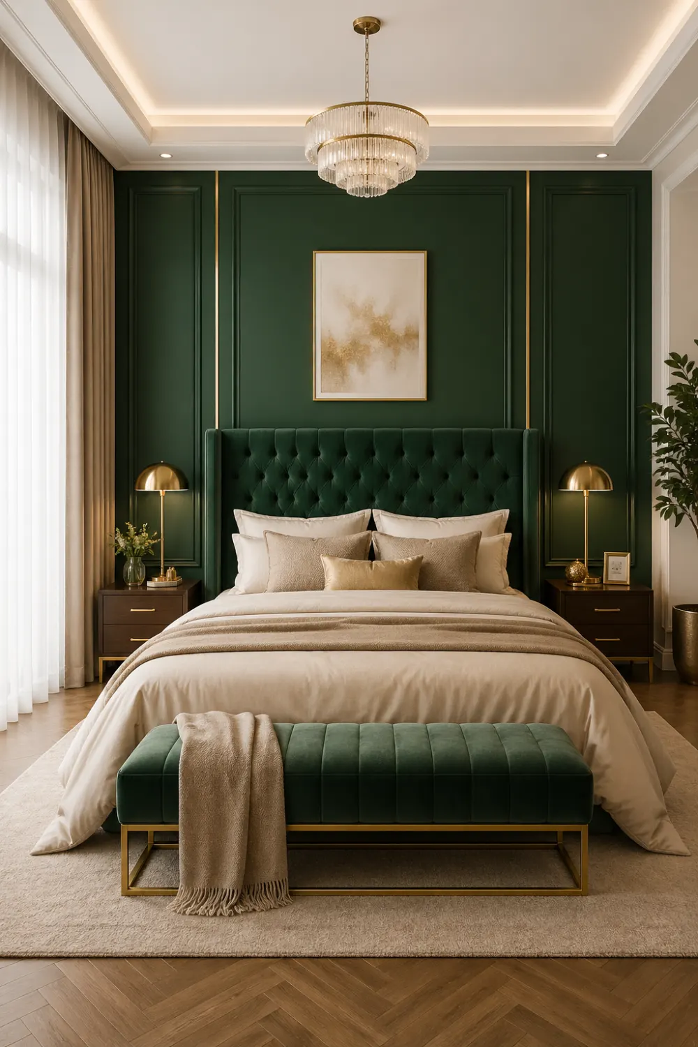 royal dark green gold luxury bedroom, emerald green wall panels with gold accents, velvet tufted headboard, beige layered bedding, chandelier lighting, symmetrical bedside tables, warm ambient lighting, elegant curtains, premium hotel style bedroom, rich and bold interior design