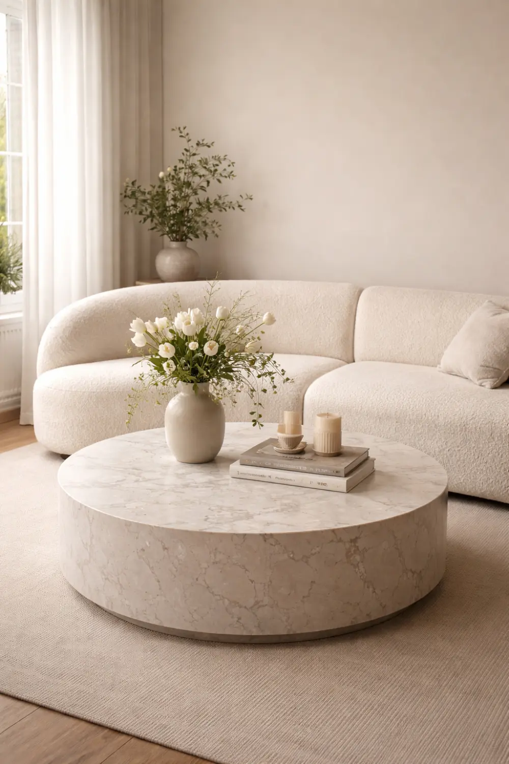 round marble coffee table with curved sofa in neutral cozy living room decor