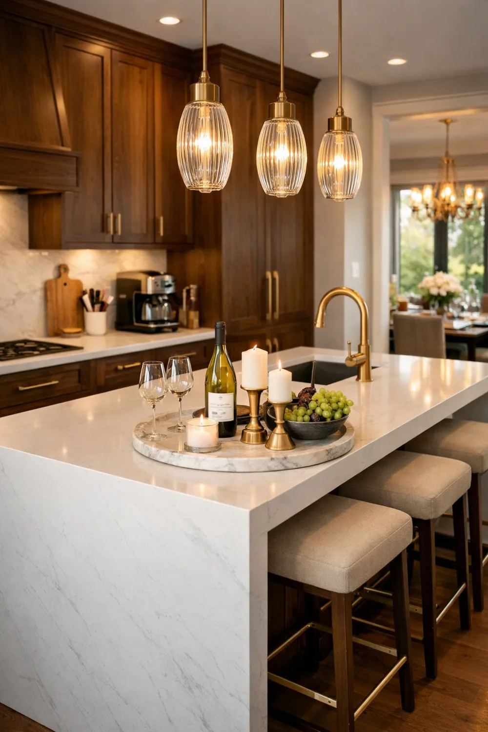 Walnut kitchen with white island, gold accents, marble countertop, modern luxury kitchen design with warm wood cabinets and elegant decor
