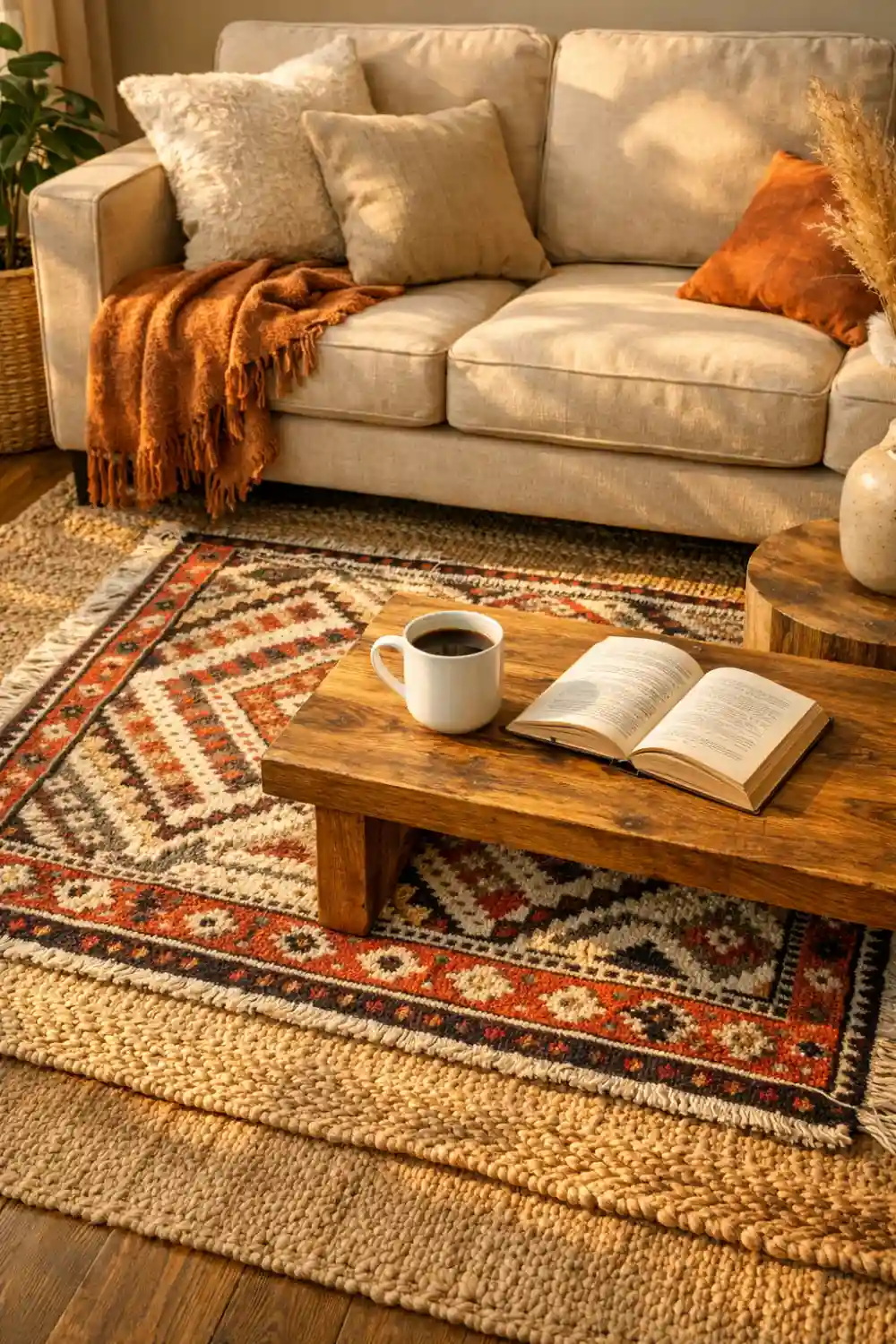 layered rugs living room boho style jute rug patterned rug cozy sofa warm tones renter friendly decor apartment styling