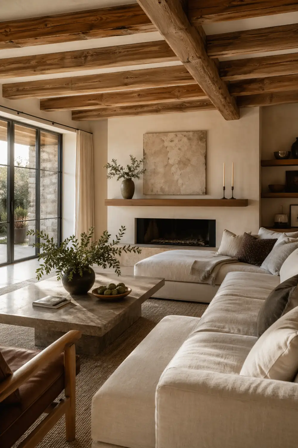 modern living room with exposed wooden beam ceiling, neutral tones, natural light, cozy textures, warm minimalist interior, rustic modern ceiling design idea