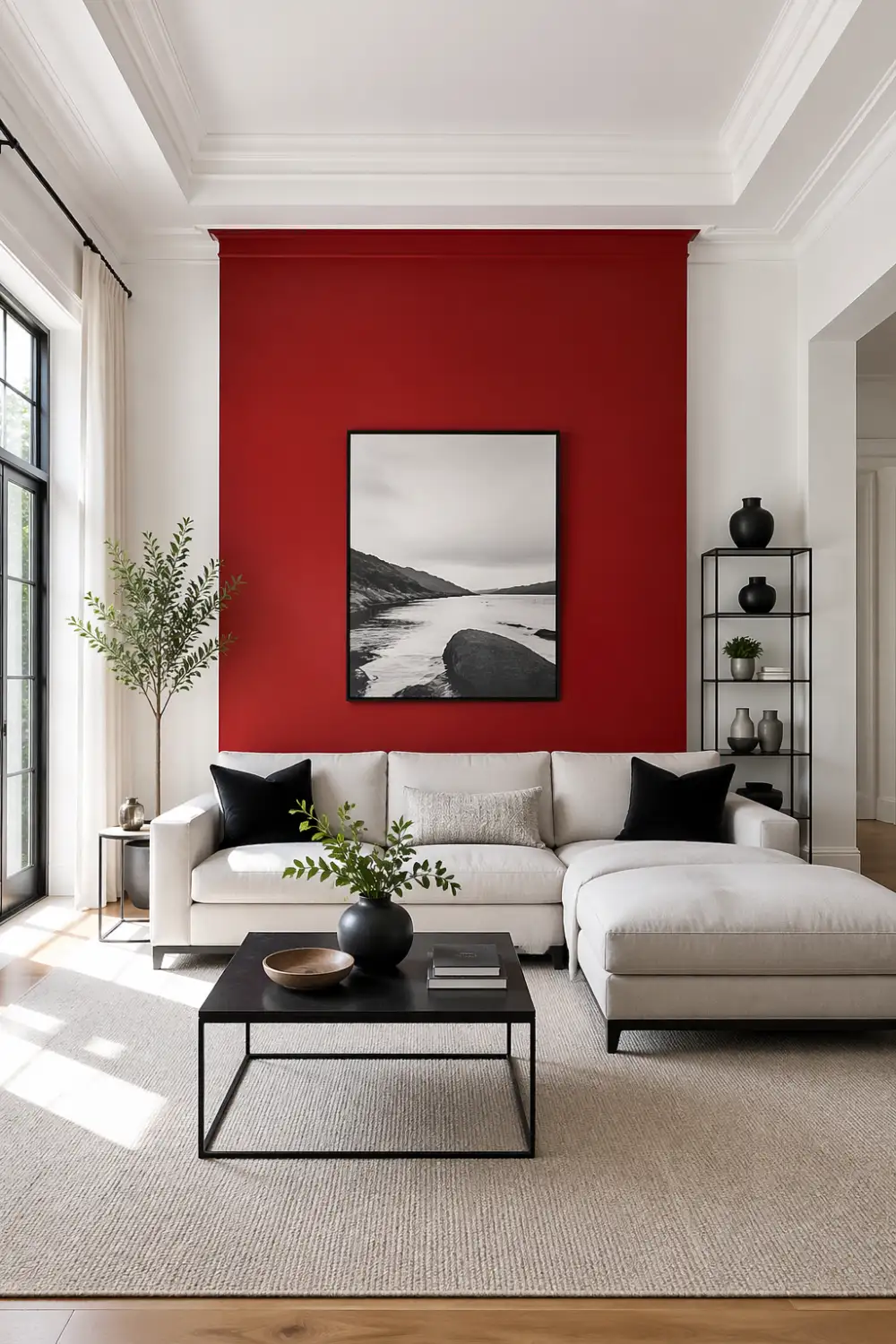 classic cherry red statement wall living room white sectional sofa black decor minimal interior natural light modern design