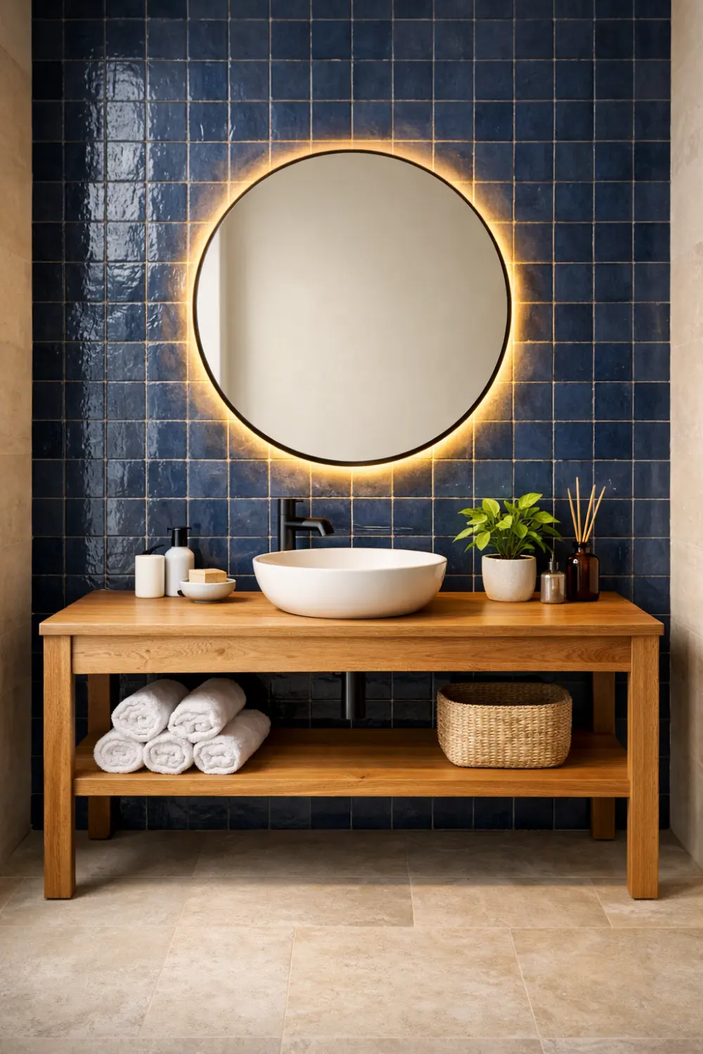 navy blue zellige wall with wooden vanity round mirror modern bathroom decor