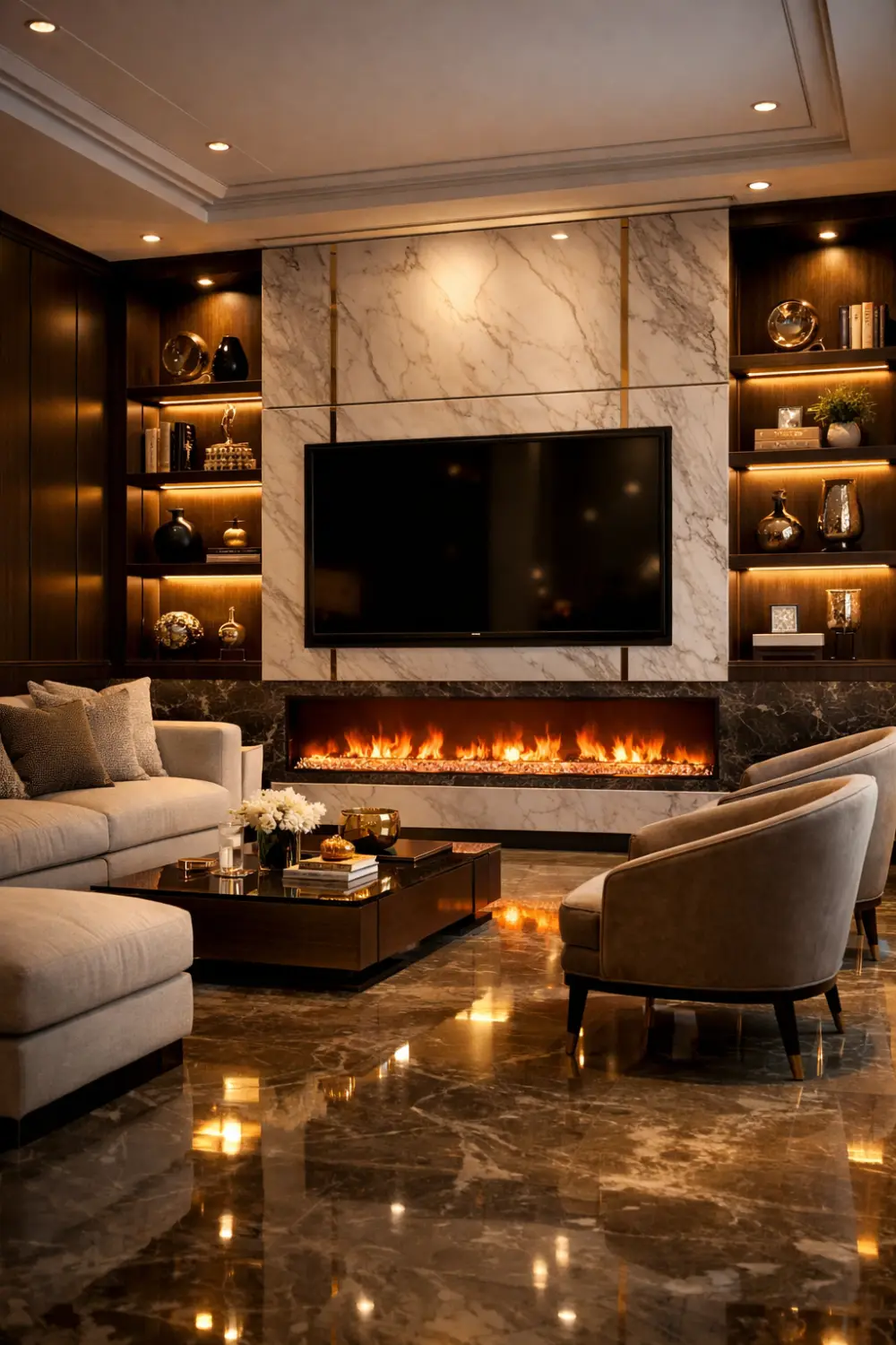 Luxury hotel style electric fireplace media wall with TV above marble panels and built in shelves.