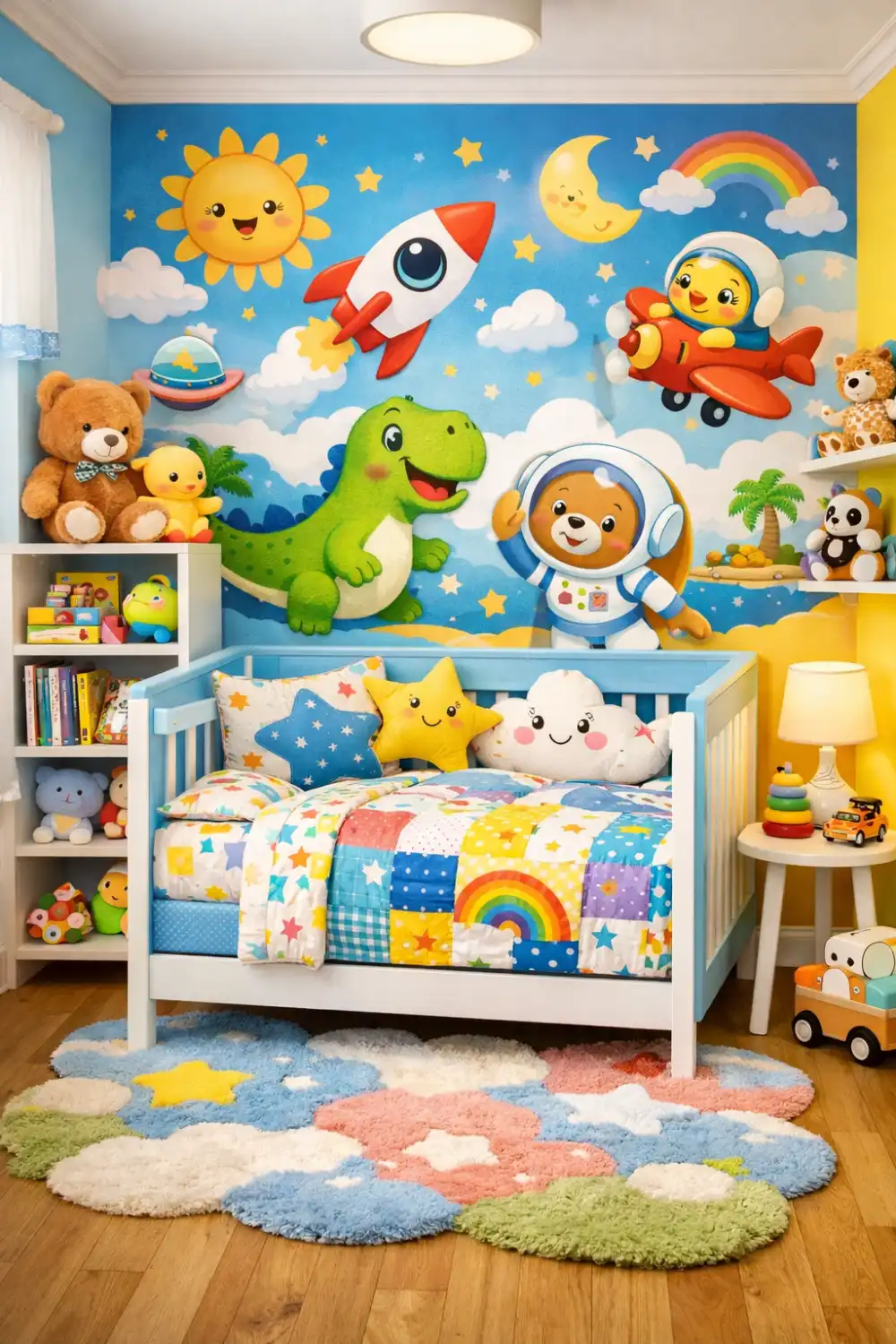 Colorful cartoon nursery decor with playful character wall mural, bright baby crib bedding, star pillows, and toy shelves creating a cheerful kids nursery theme.