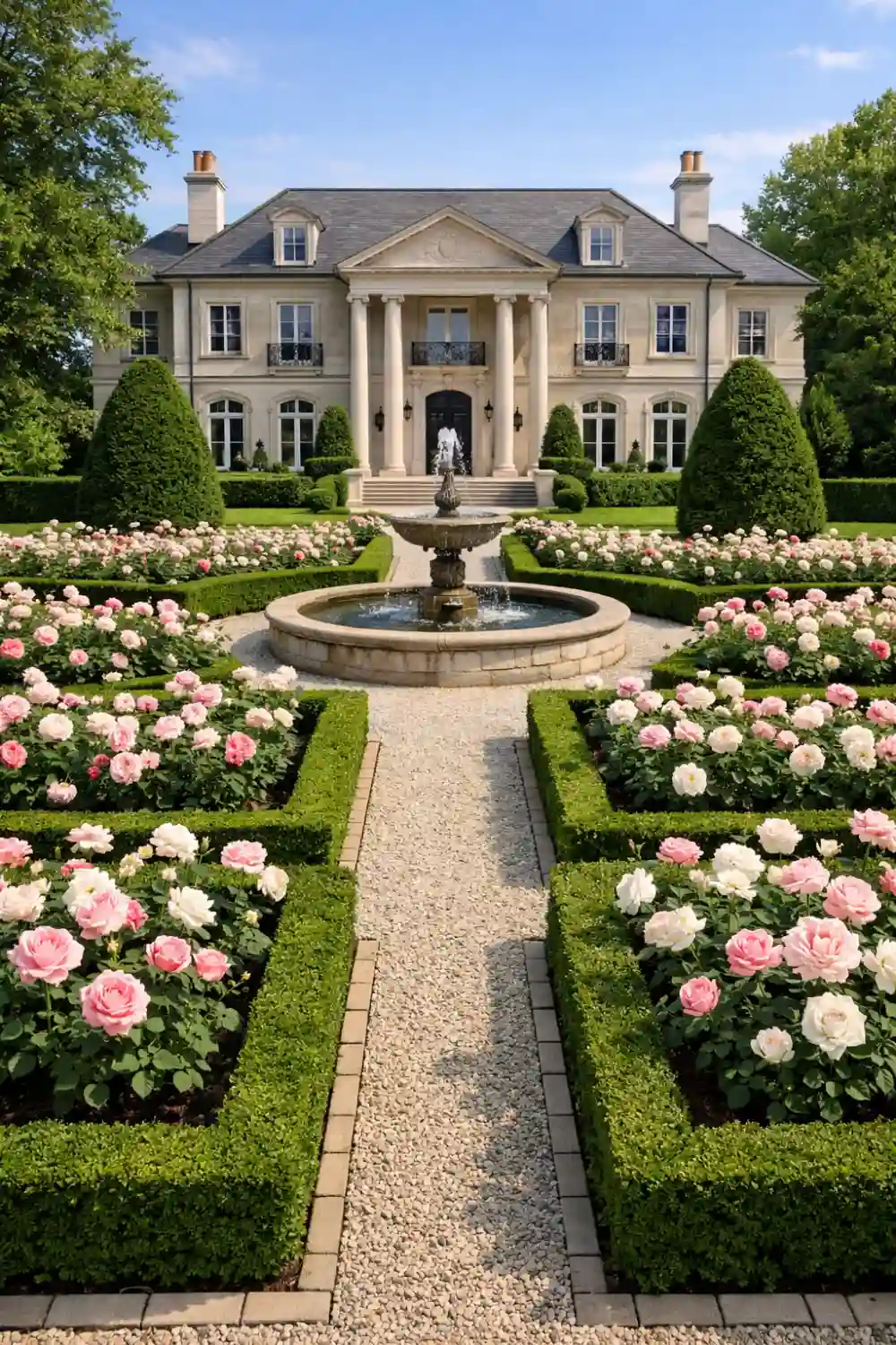 Formal backyard rose garden with symmetrical hedges, pink and white roses, gravel pathways, and a central fountain in front of a luxury home.