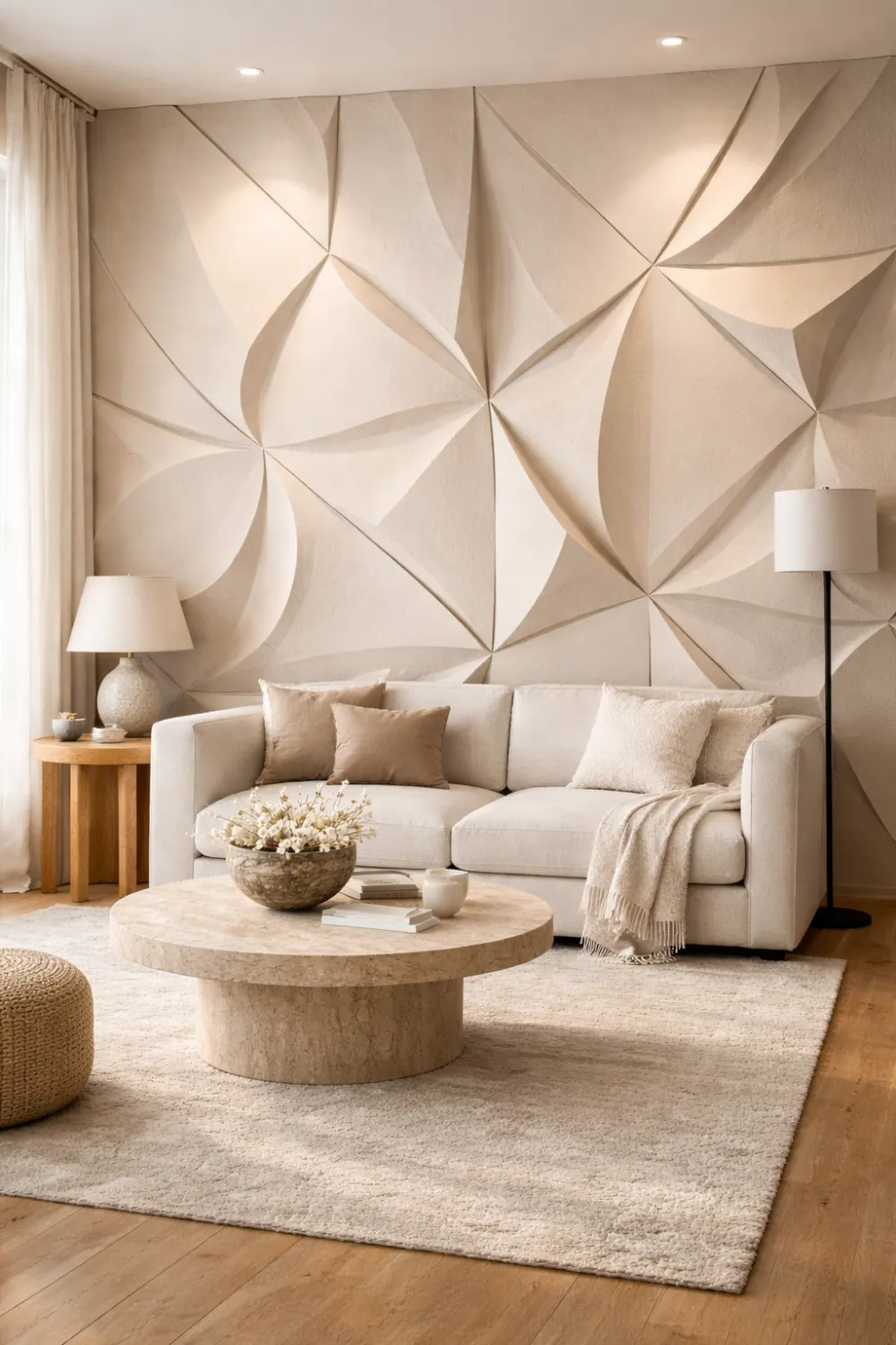 Modern living room with bold 3D geometric wall panels creating sculptural texture, abstract panel design casting dramatic shadows, neutral sofa and decor highlighting a contemporary textured feature wall in a stylish interior space.
