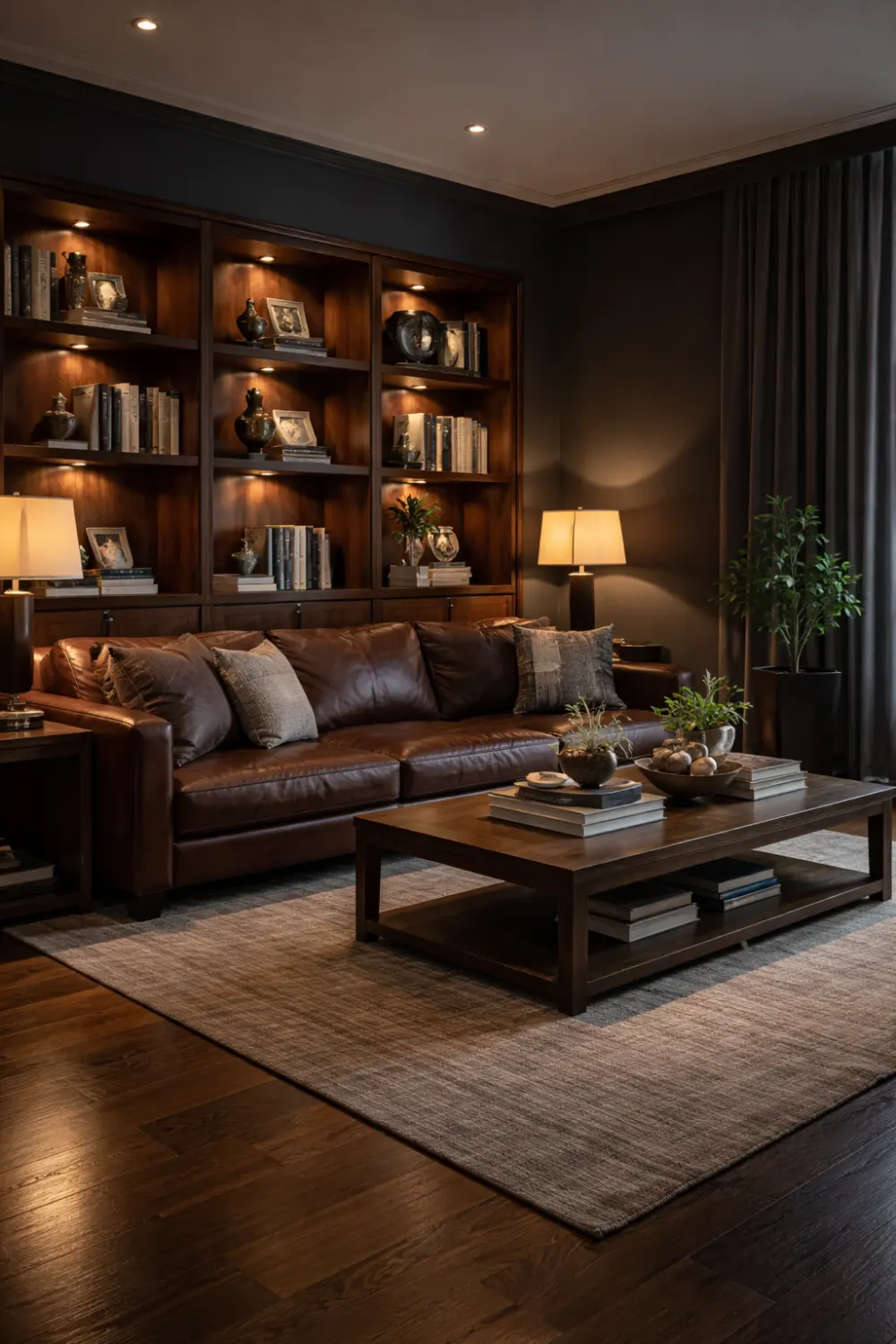 dark wood living room with leather sofa built in shelves cozy luxury dark interior design warm lighting home library style living room