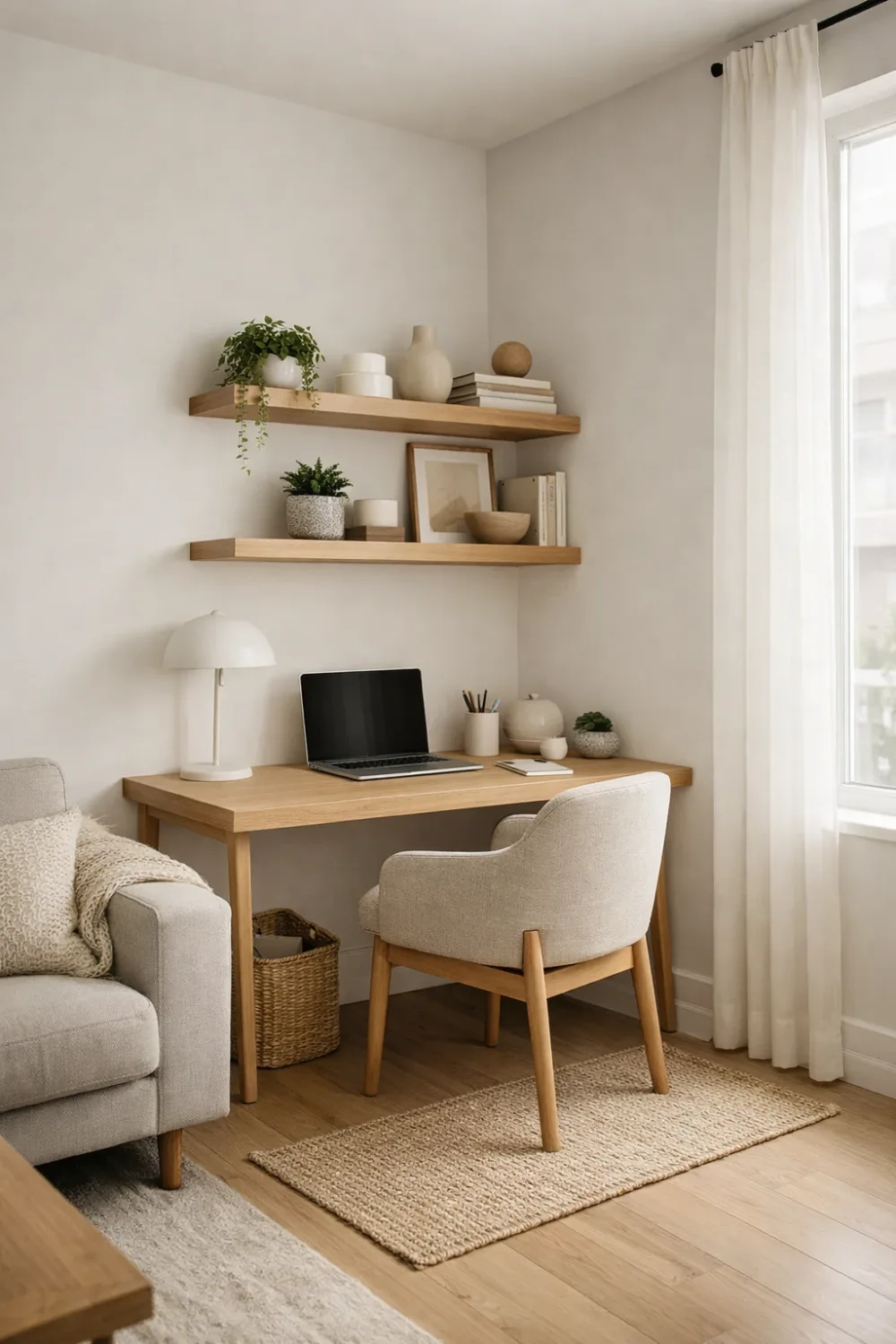 living room corner office nook with desk and floating shelves small apartment workspace idea modern minimal home office setup