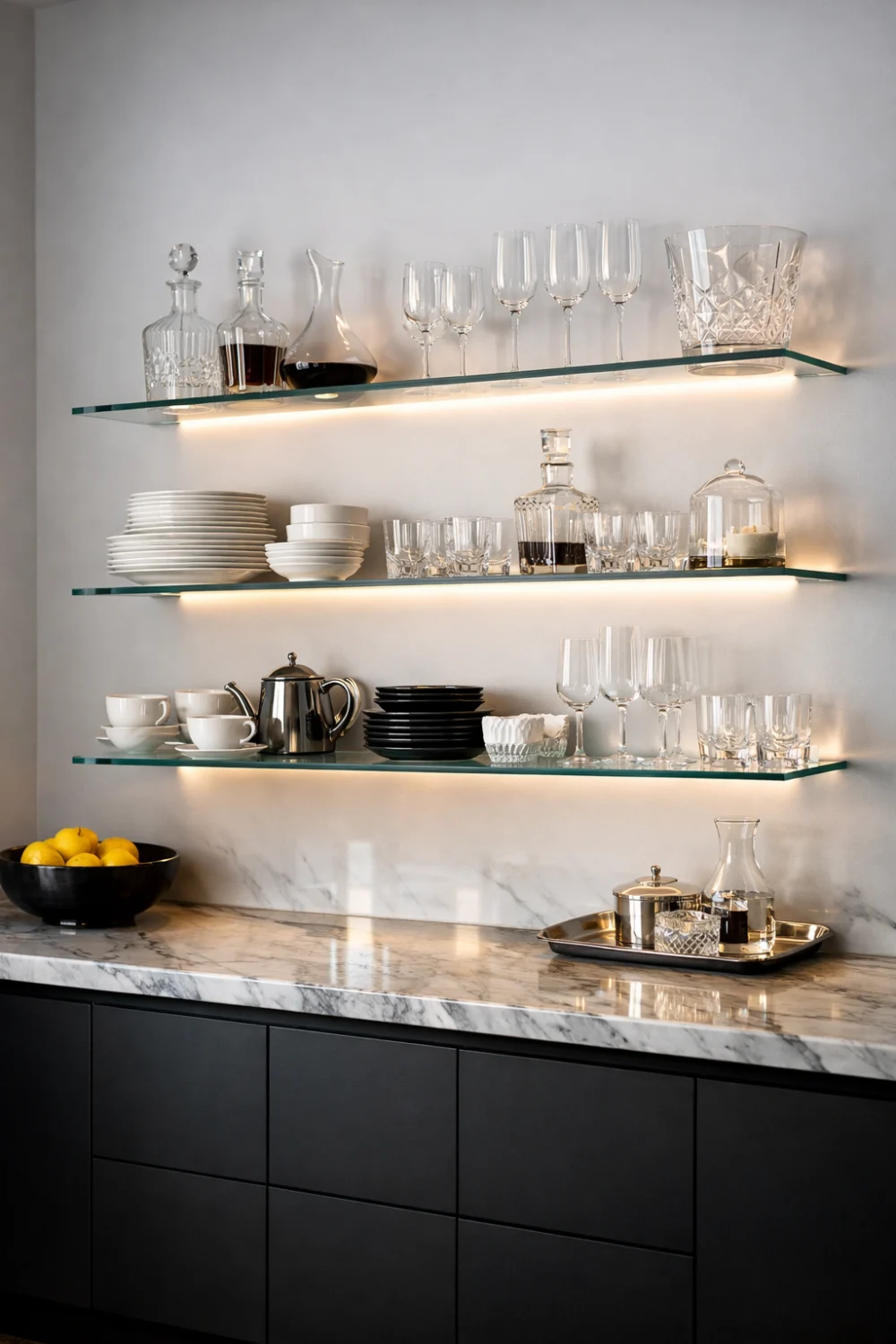Minimalist kitchen with transparent glass floating shelves and soft LED lighting displaying modern dishes, glasses and ceramics against a clean white wall in a sleek contemporary design.