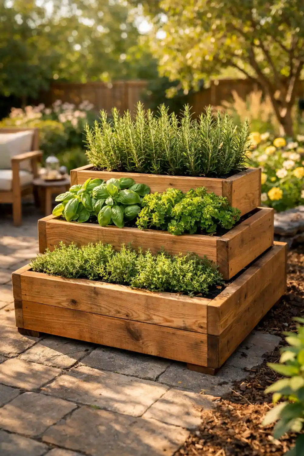 Tiered wooden herb planter box with basil parsley thyme and rosemary growing in layered wooden garden beds, stylish backyard herb garden idea for patio spaces