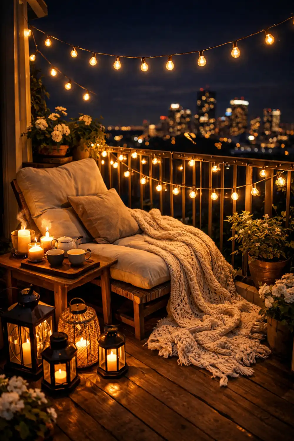 romantic balcony decor with string lights cozy night balcony setup candles lanterns apartment balcony night decor inspiration