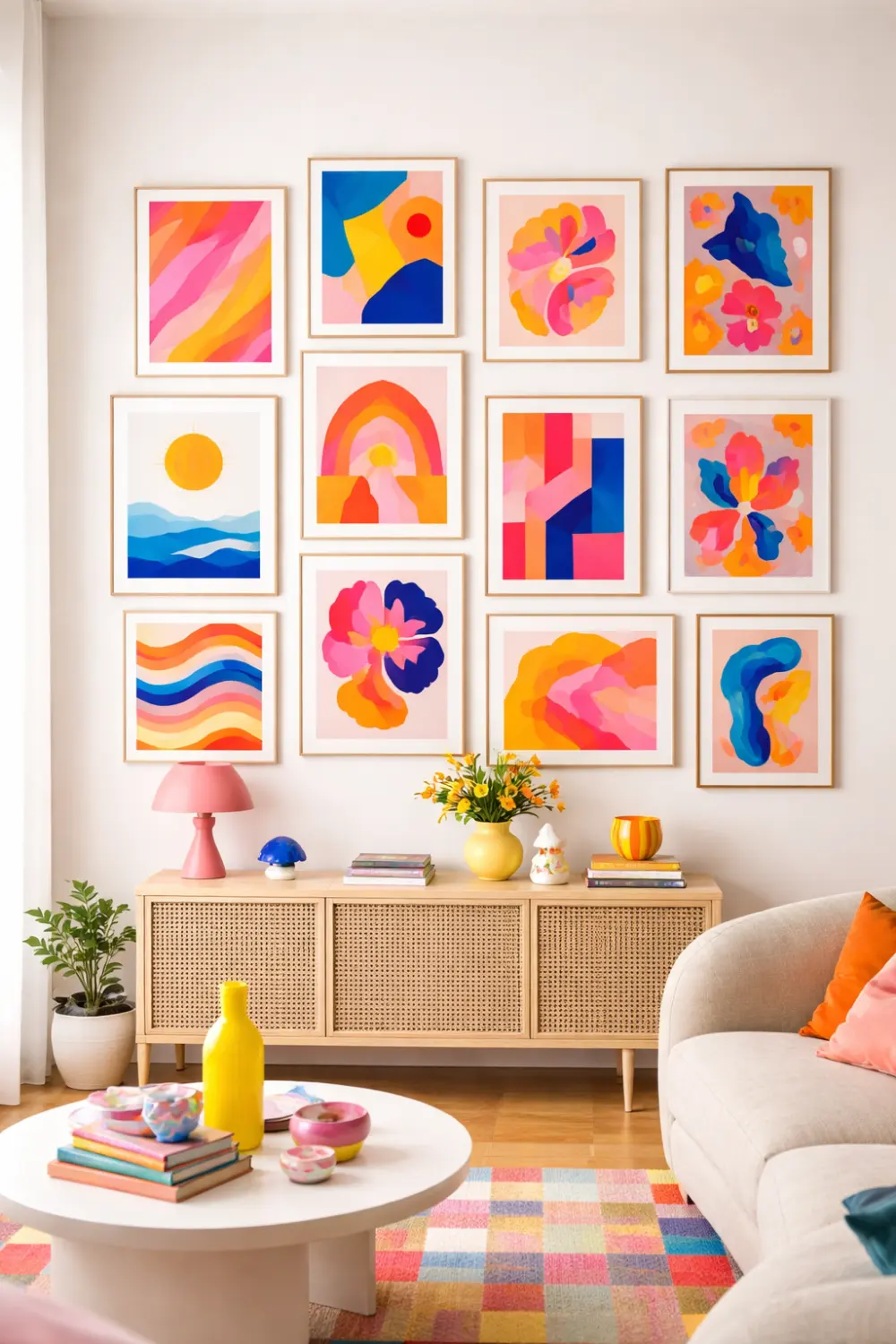 Colorful modern art gallery wall with vibrant abstract prints arranged in a neat grid layout above a stylish living room console