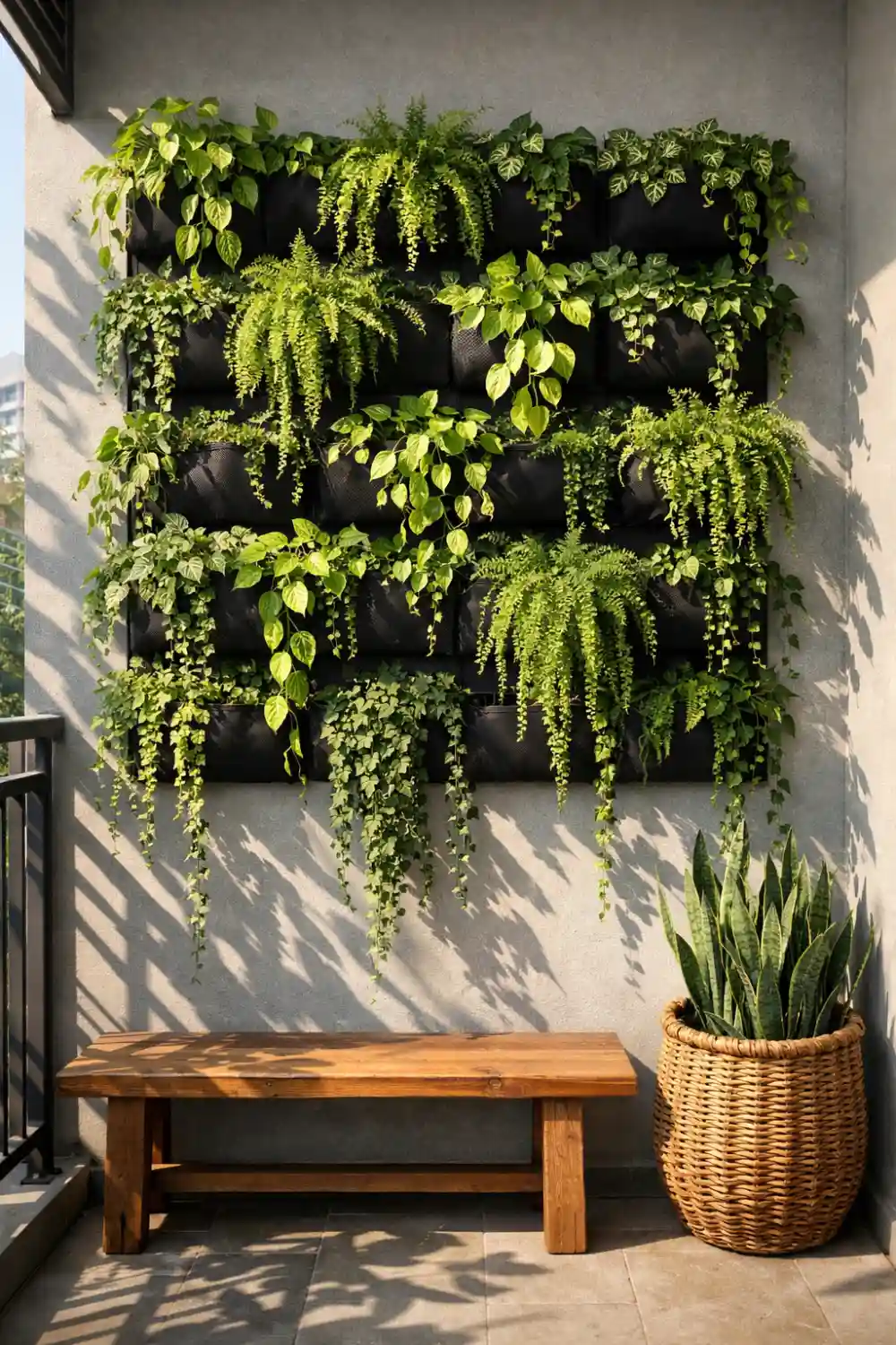 Hanging pocket planter vertical garden with cascading plants mounted on a balcony wall creating a lush green plant display.