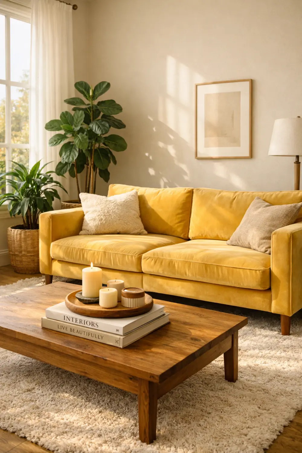 butter yellow sofa living room decor modern cozy interior design inspiration