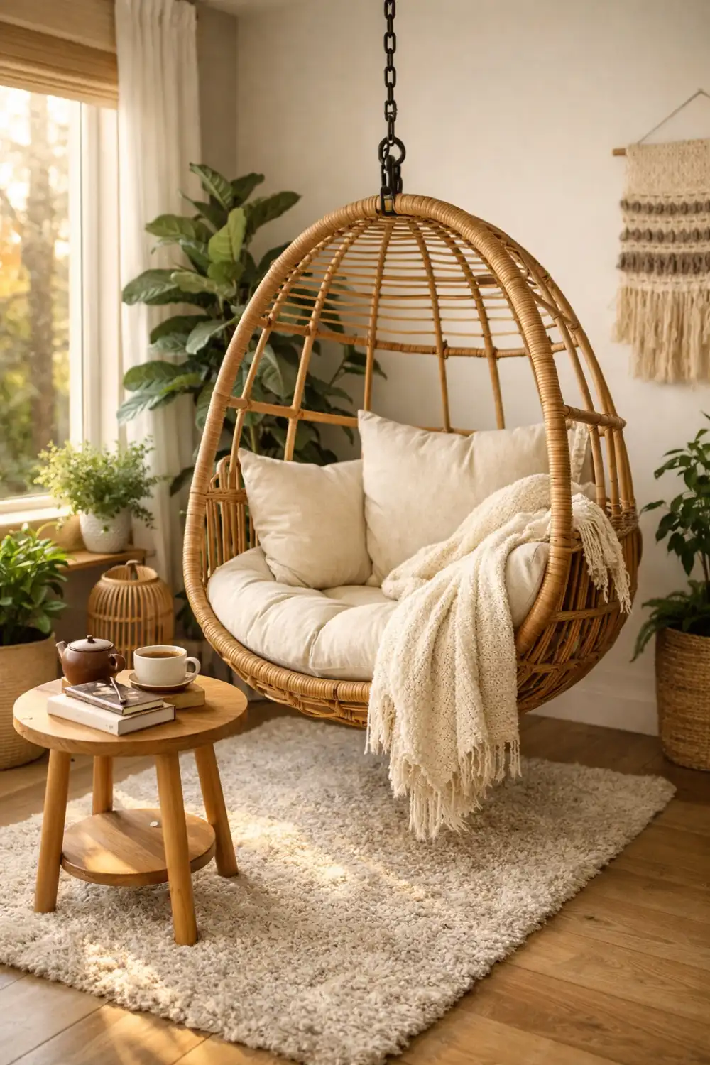boho hanging chair reading nook with cushions plants and side table cozy reading corner idea