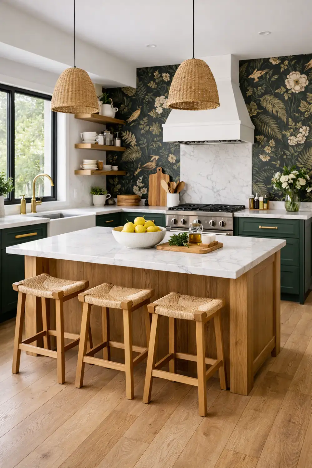 Modern cottage kitchen with botanical accent wall, wooden island, green cabinets, and marble countertops creating a stylish dark cottage kitchen design.