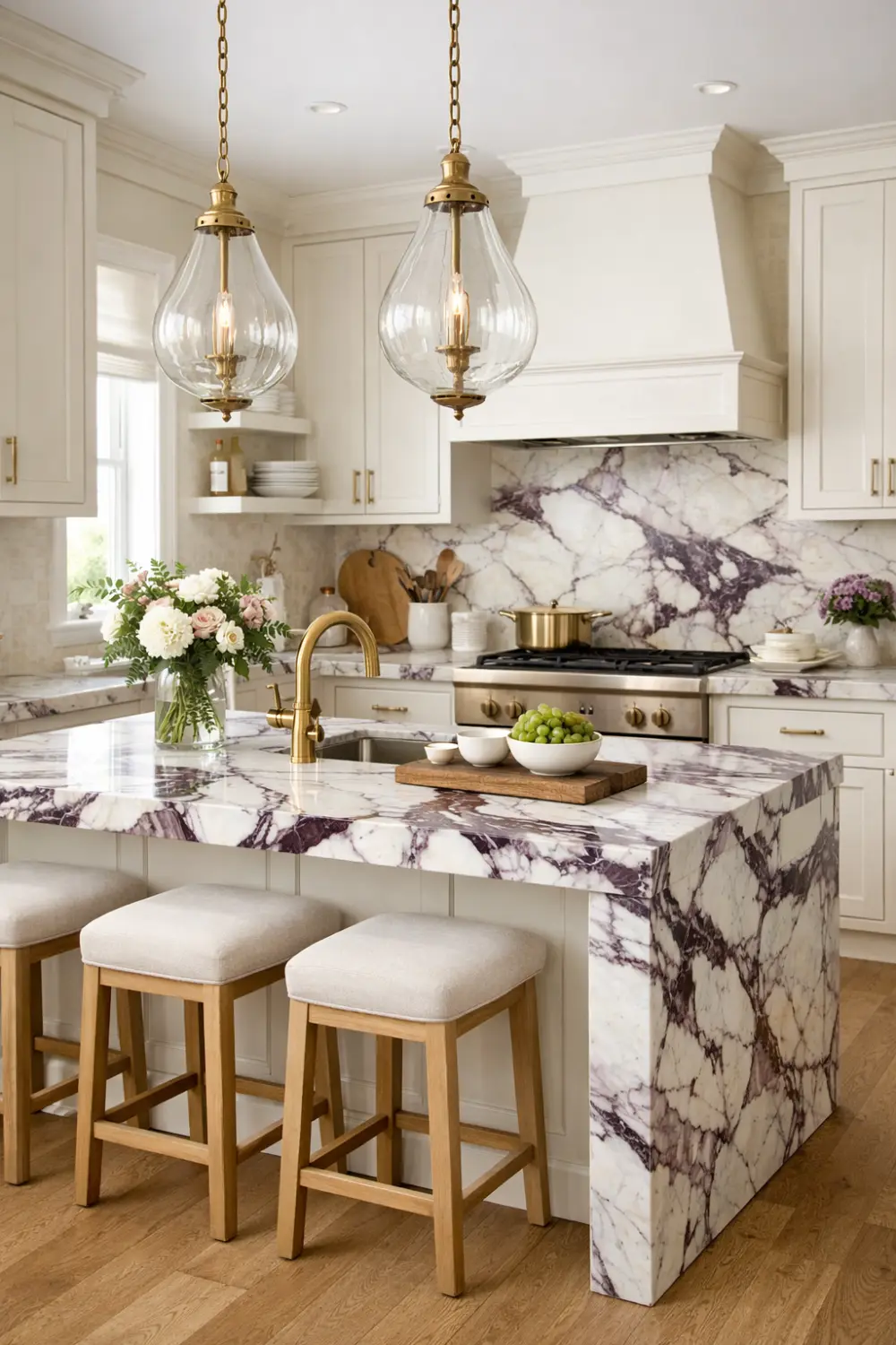 cream kitchen with Viola marble island and backsplash, gold fixtures, glass pendant lights, and elegant decor
