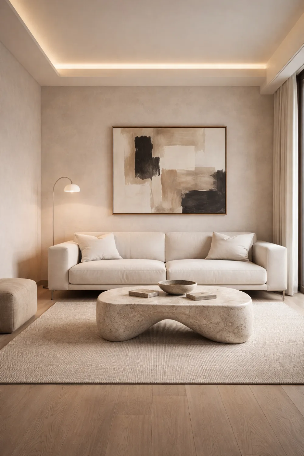Modern minimalist small living room with neutral sofa, sculptural coffee table, abstract wall art, and soft lighting creating a clean luxury apartment interior design.